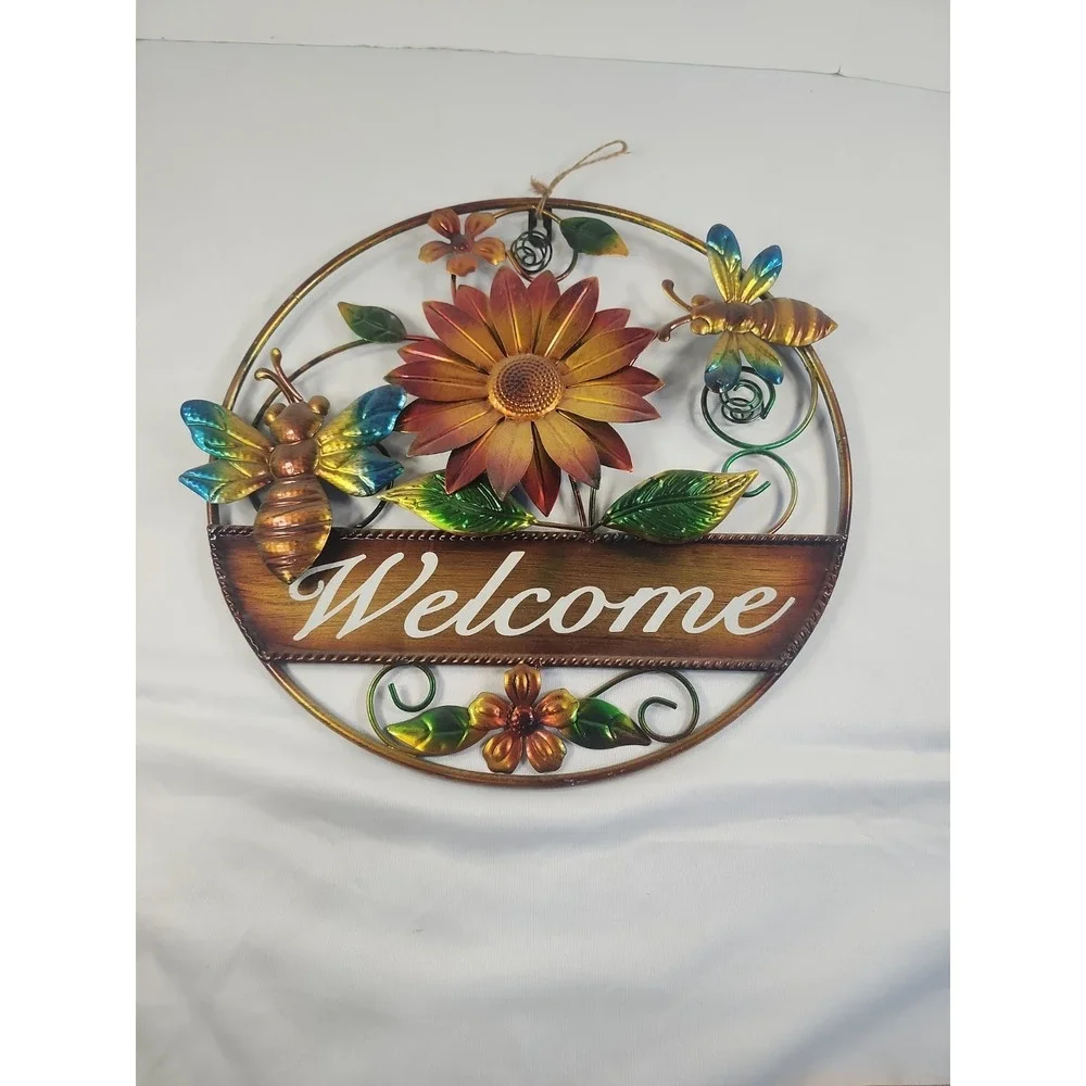 Metal Wall Hanging Welcome Sign Bees And Flowers 15‎ X 15 Inch